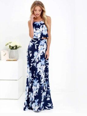NWT Lulu's Love For Lanai Two-Piece Maxi Dress - Navy Blue Floral, S